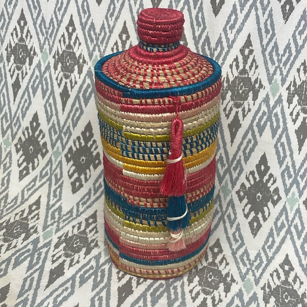 Handmade Coil Weave Basket Tall Colorful Tassels Lidded Coil Basket Made Rwanda